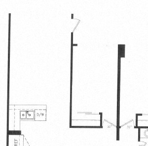 Two bedroom, one bathroom apartment layout at Main Square in Toronto, ON